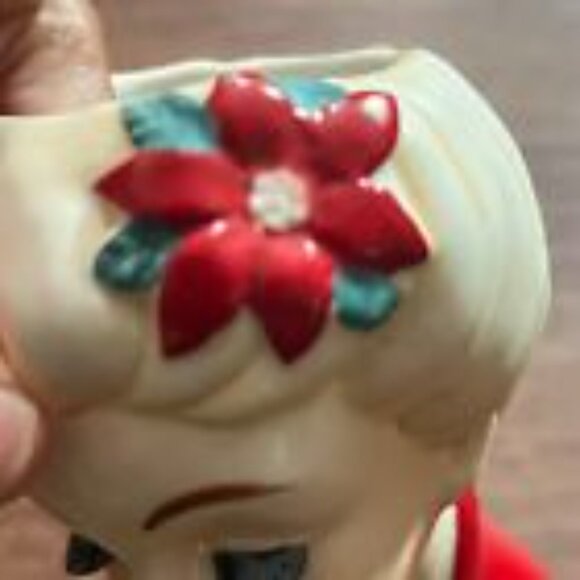 Vintage Lady Head Vase Red Gold Poinsettia Holiday 6.5in Ceramic - Picture 4 of 7
